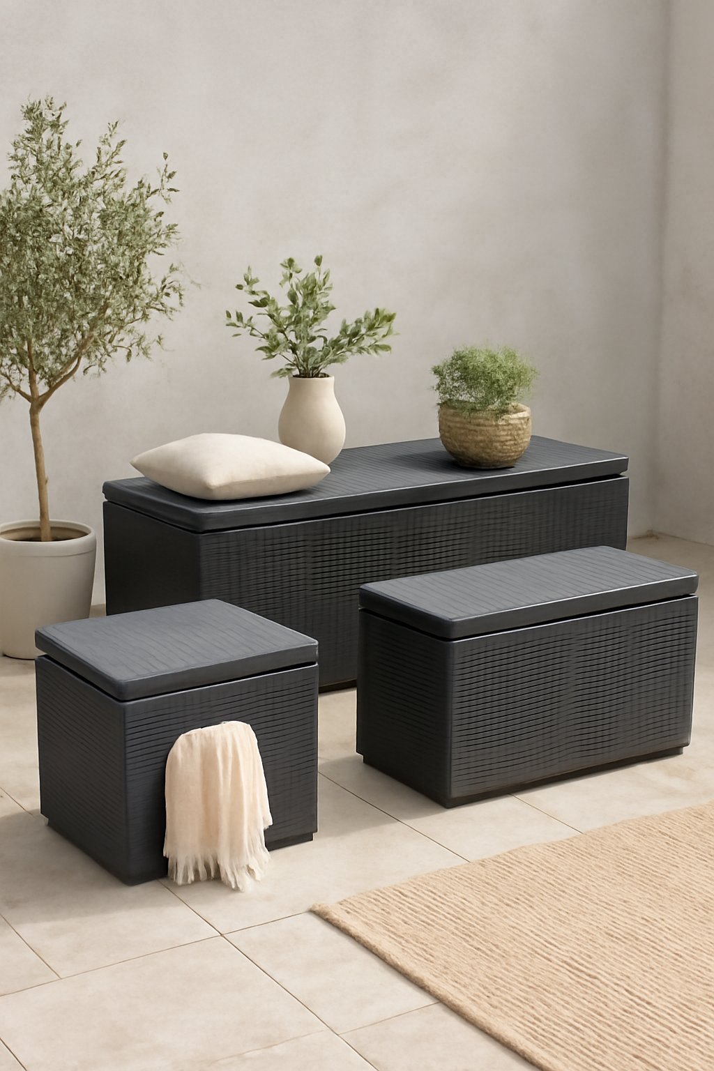 Multifunktionale Auflagenbox mit Sitz
