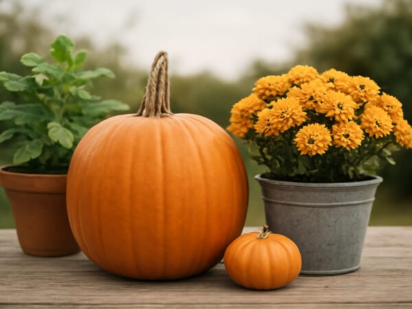 Herbstdeko mit Kürbissen vor der Haustür